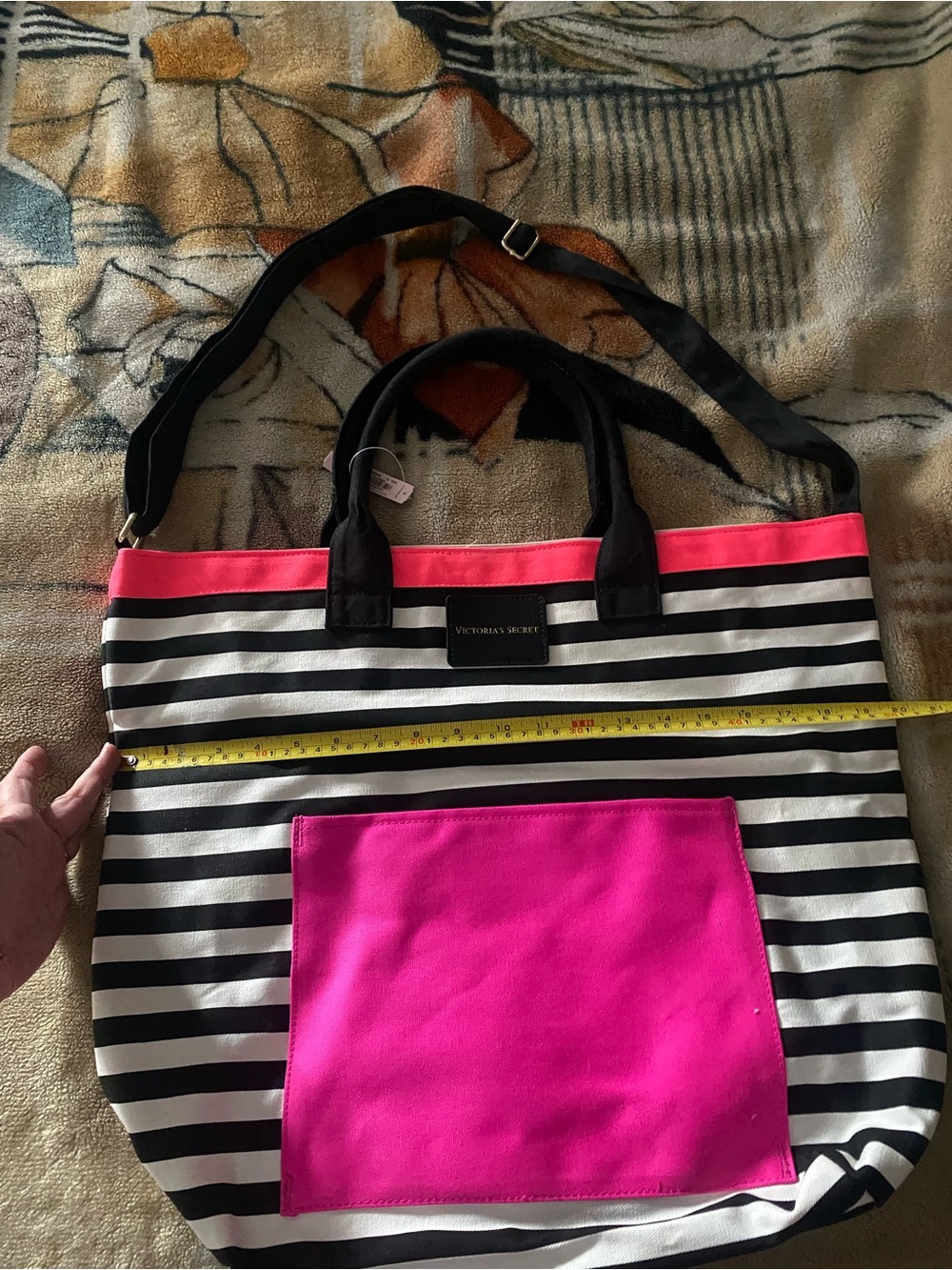 NWT Victoria's Secret Black & White Striped Tote with Hot Pink Pocket and Trim